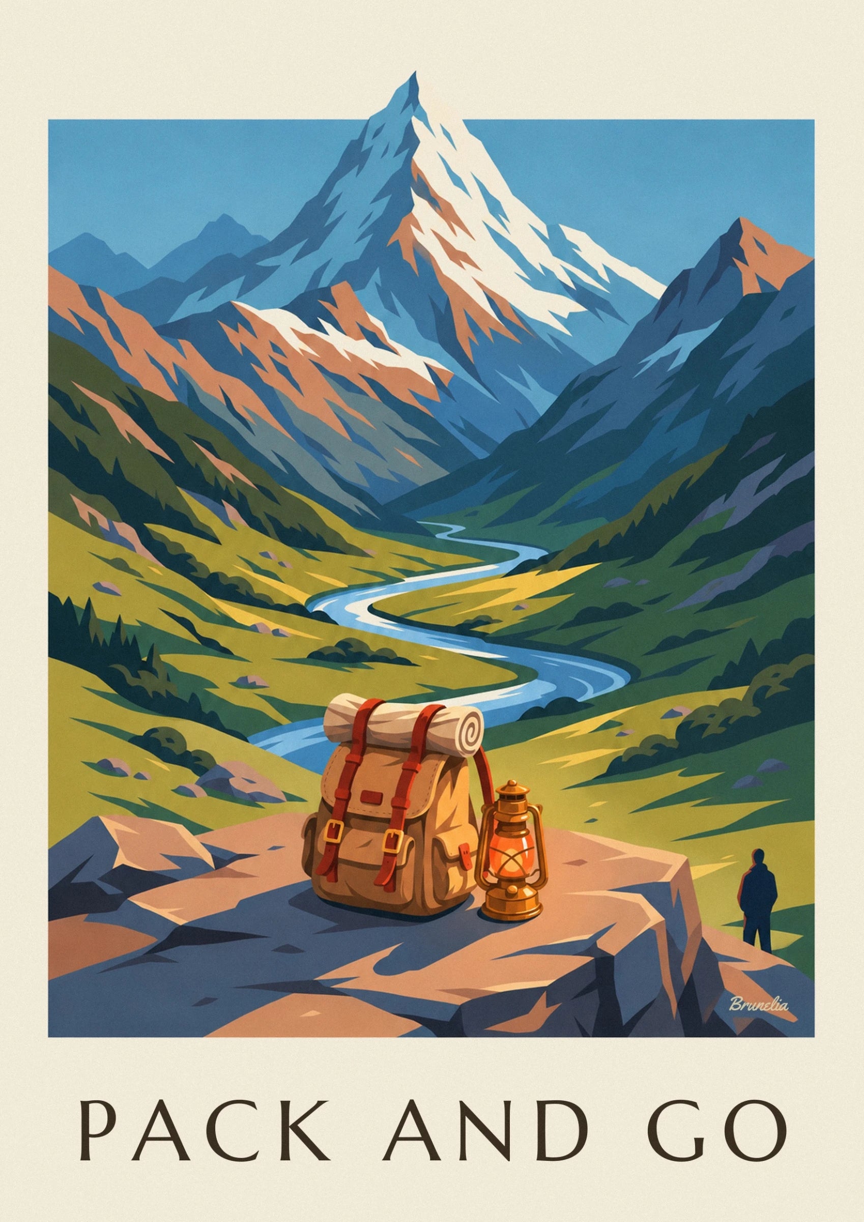 The ochre backpack with red straps, a rolled blanket and a lantern