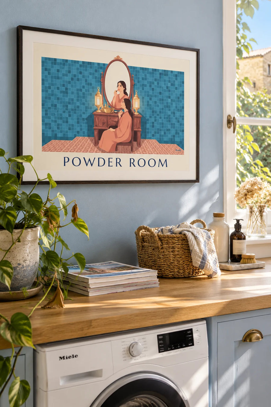 Poster of a woman in red lipstick at a Moroccan dressing table: framed on the wall