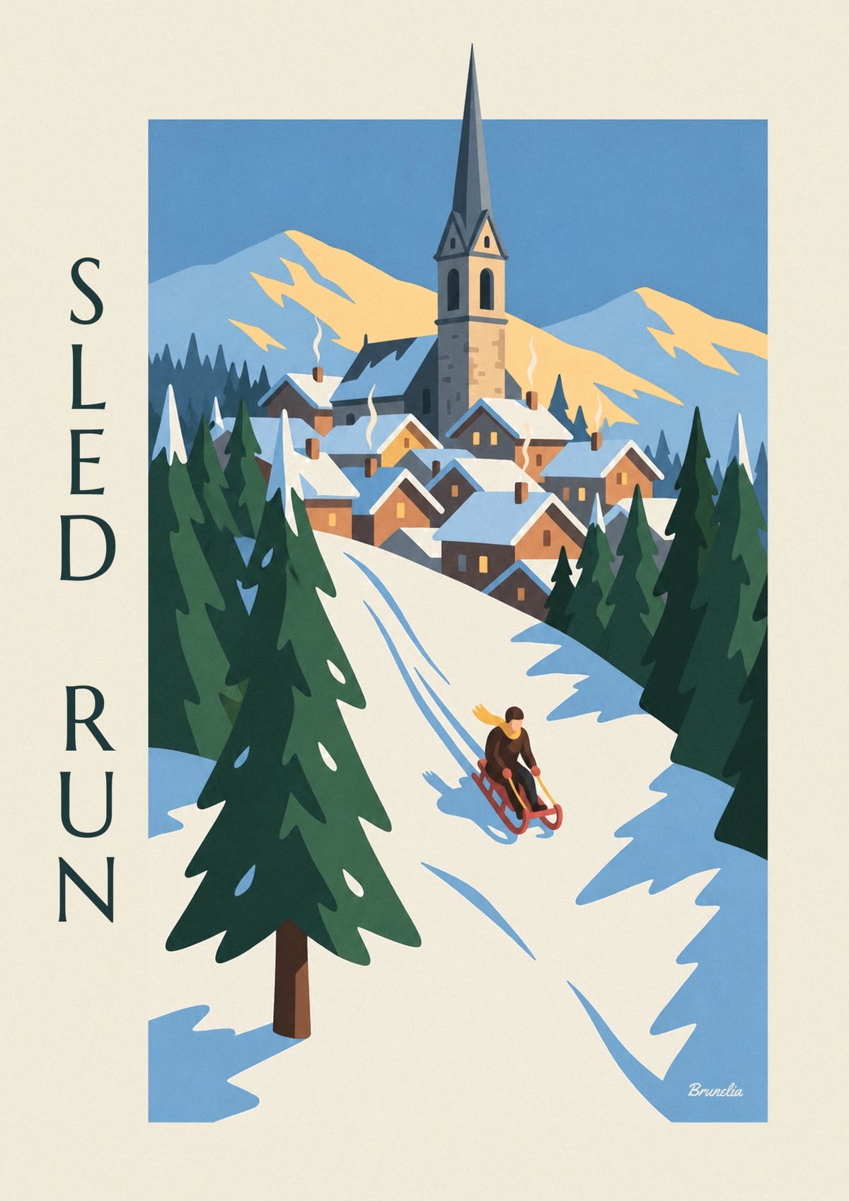 Sled run between snowy fir trees poster