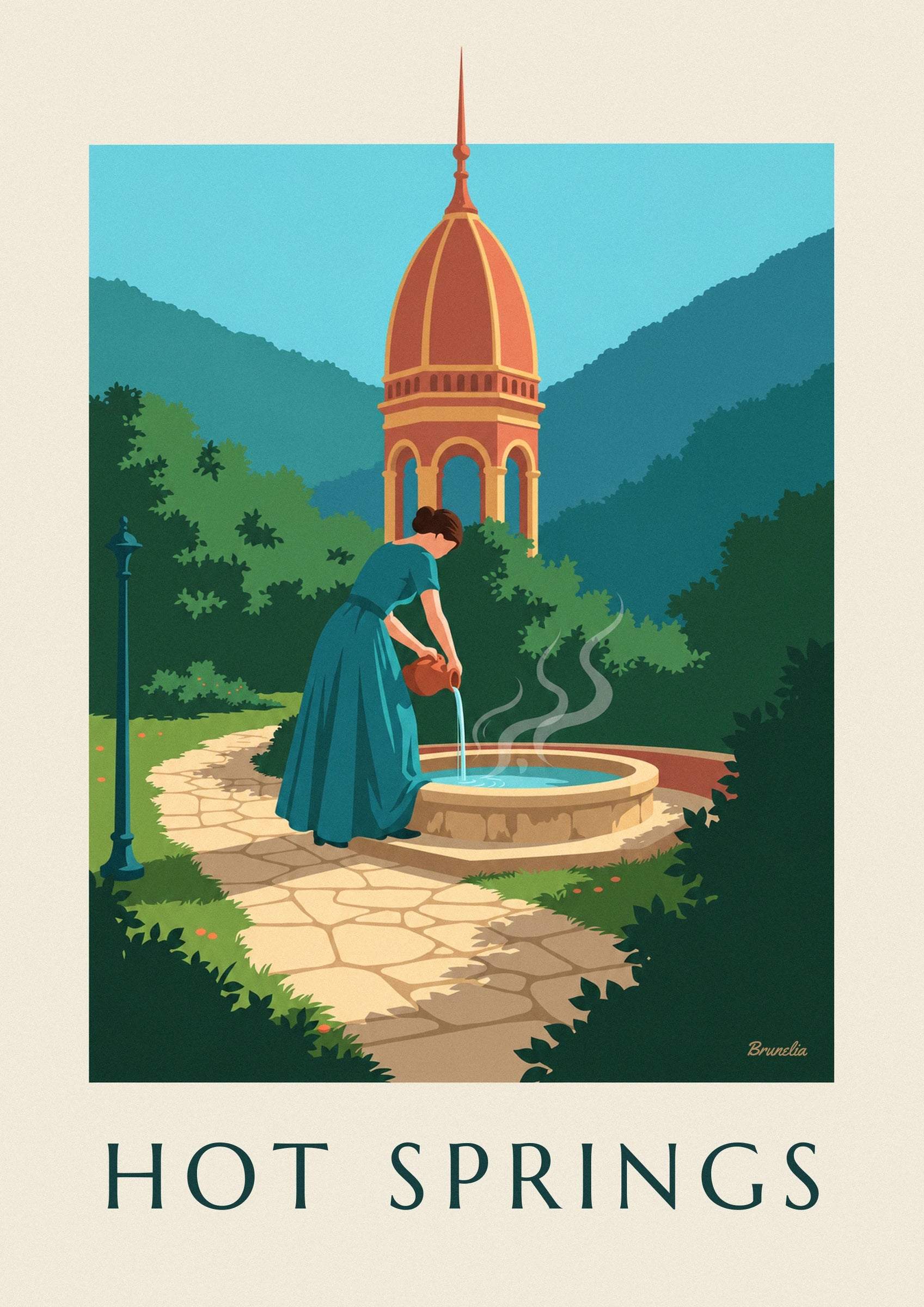 La femme en robe turquoise verse l'eau fumante d'une cruche dans le bassin de pierre