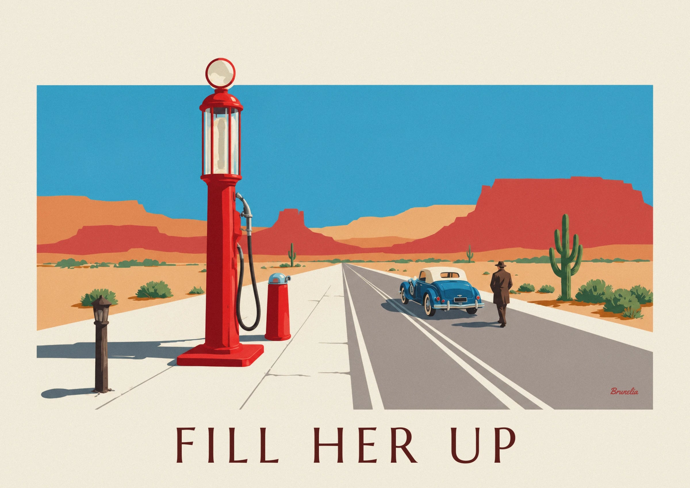 The red petrol pump with its white globe, facing the desert mesas