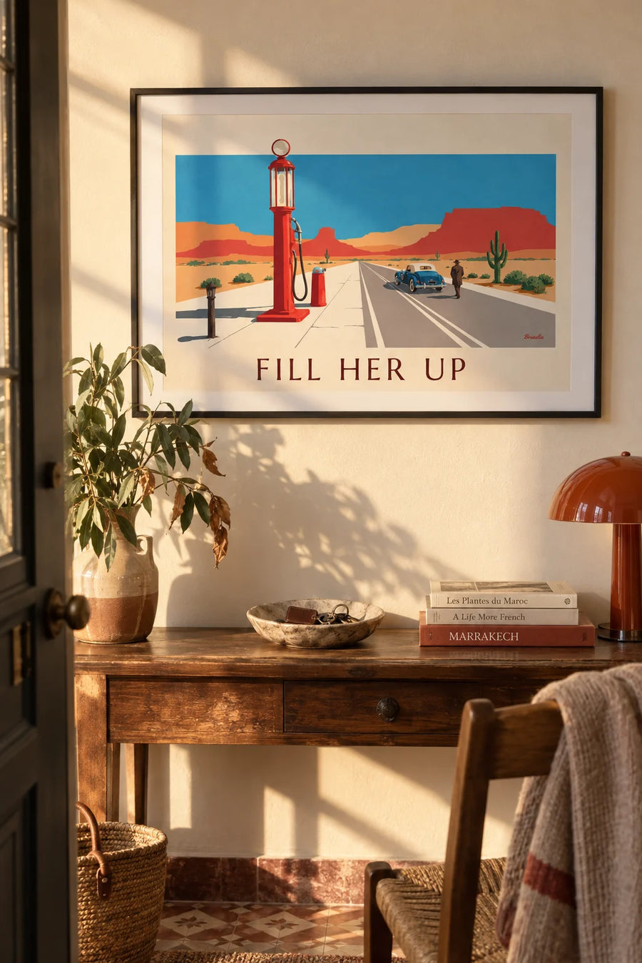 Red gas pump on an American desert road poster: framed on the wall