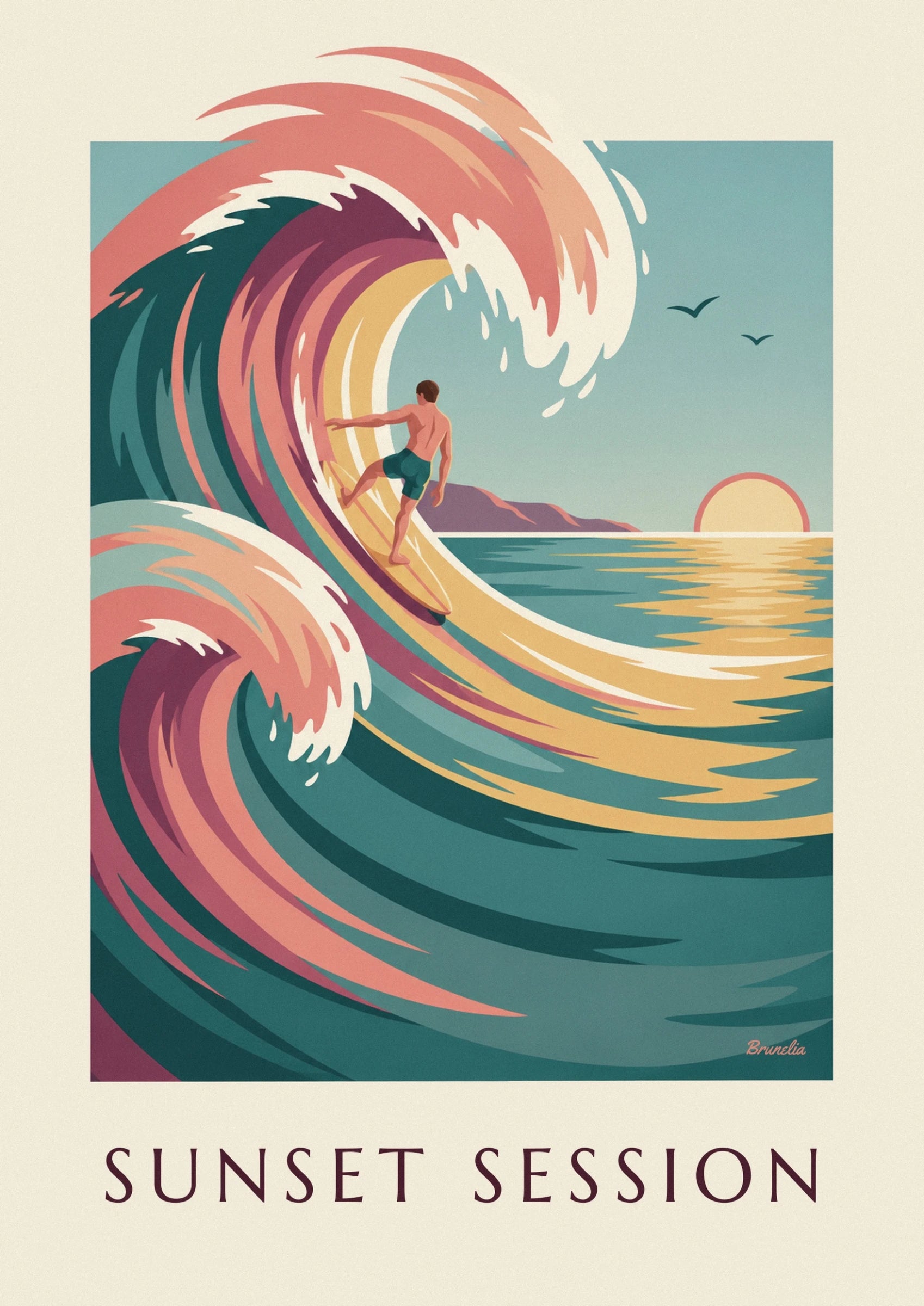 The surfer seen from behind in turquoise shorts on his yellow board, in the hollow of the wave