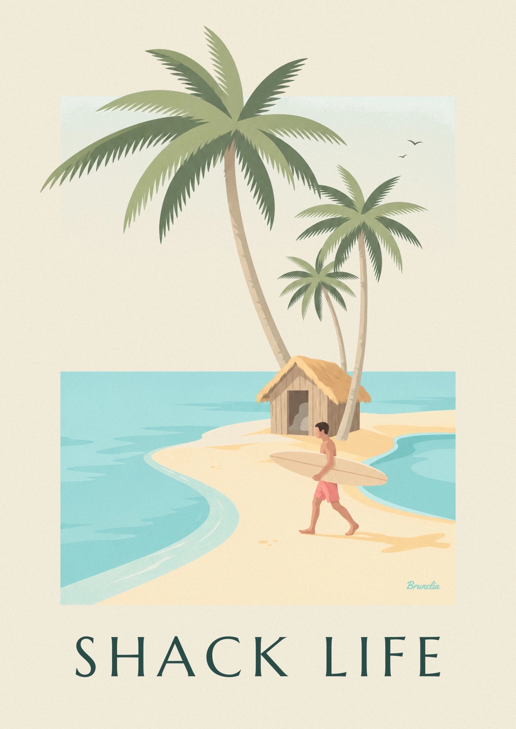 The surfer and his beige board in front of a hut with a straw roof, between the palm trees