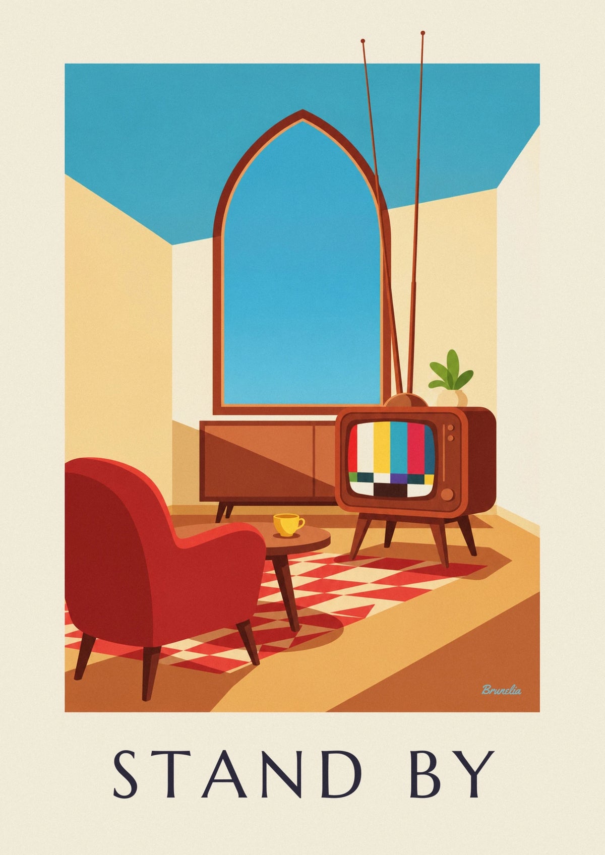 Television set and color bar test pattern poster