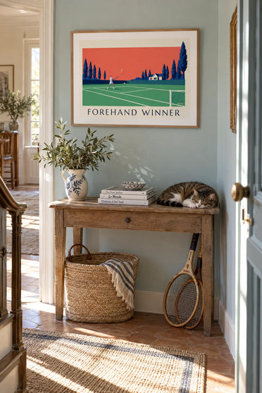 Affiche joueur de tennis en coup droit sur gazon : encadrée au mur