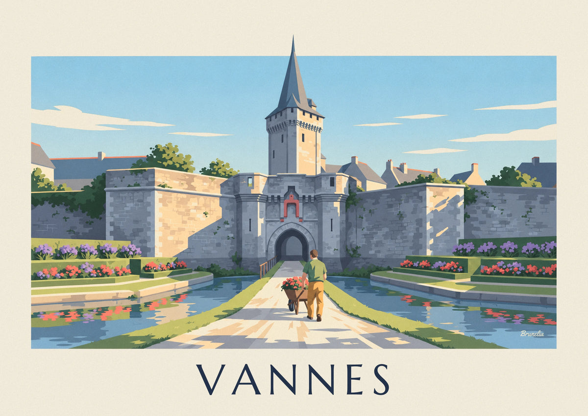 Affiche jardinier devant la porte Poterne et les remparts de Vannes