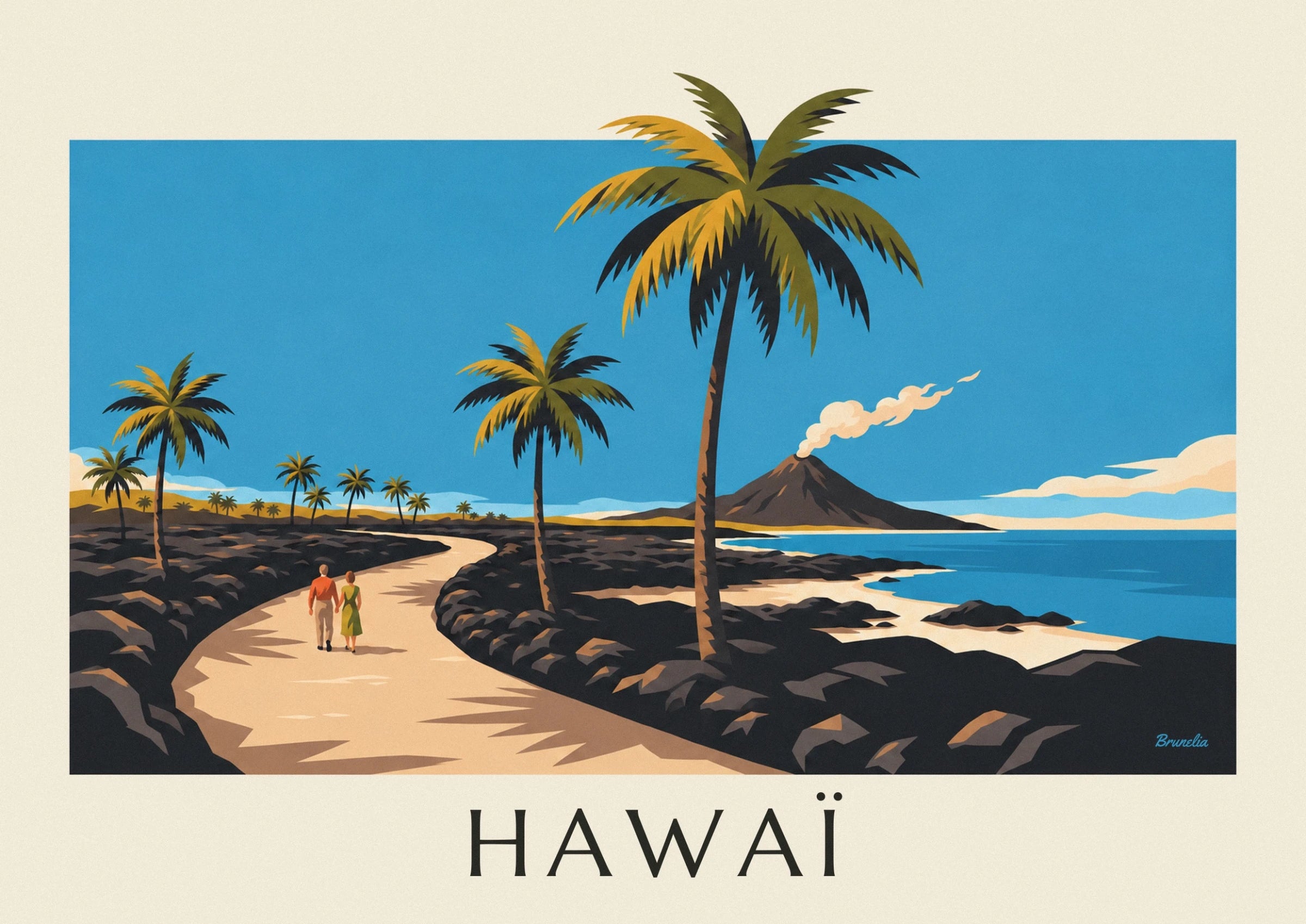 The smoking volcano beside the blue ocean, behind the black rocks and palm tree
