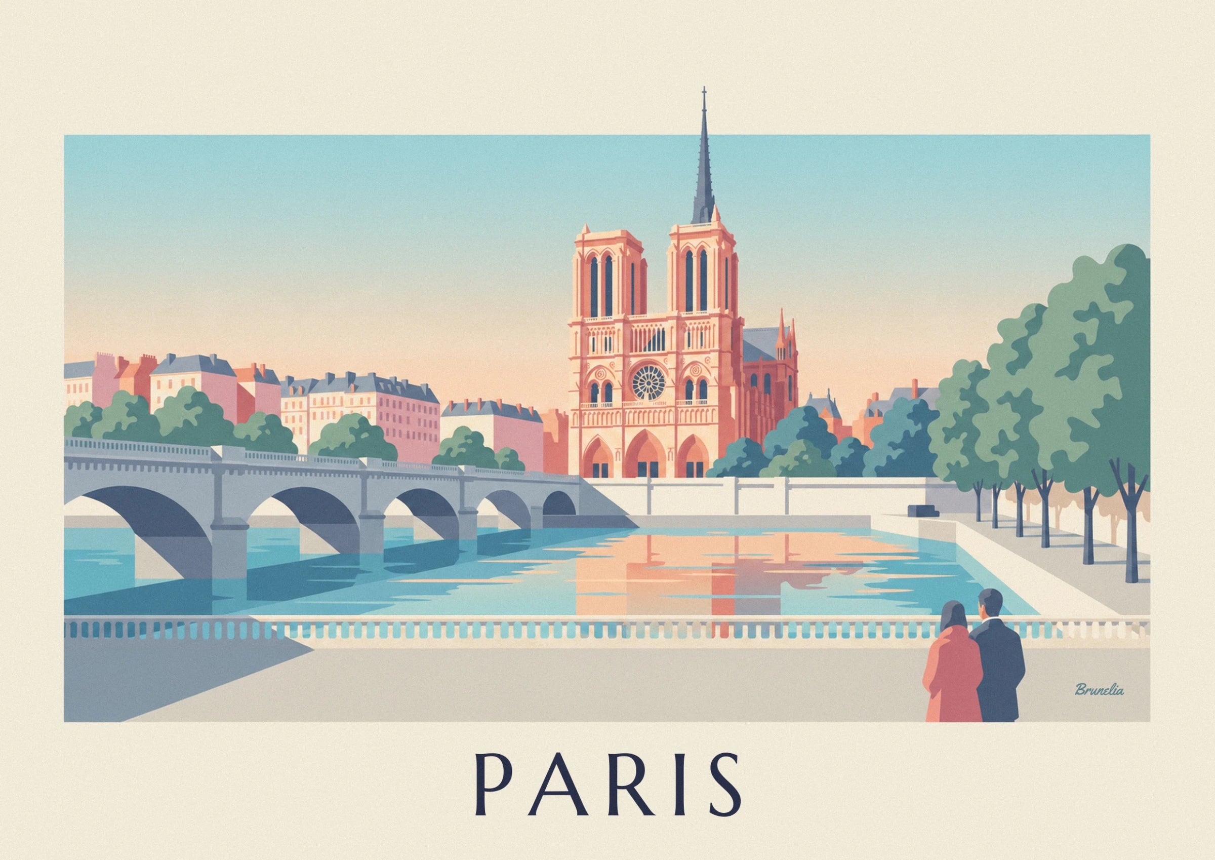 The pink towers of Notre-Dame, its rose window and spire against the blue sky