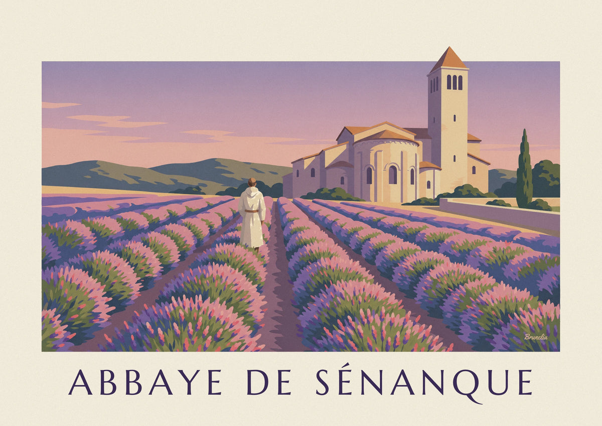 Monk walking through lavender at Sénanque Abbey poster
