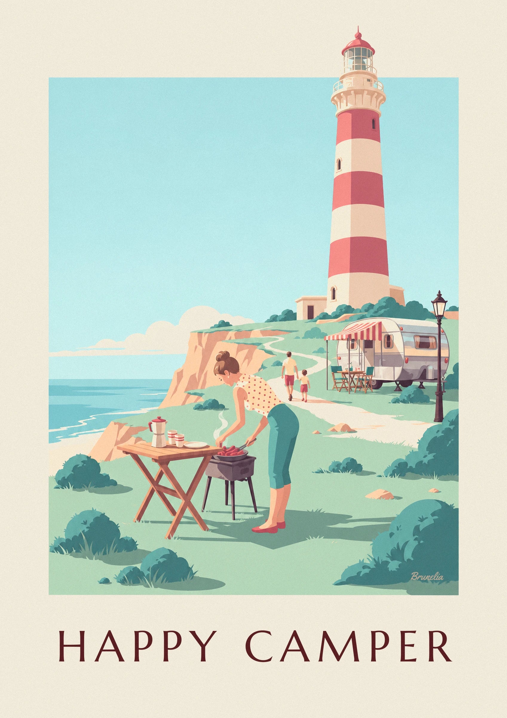 La pin-up en pantalon turquoise devant son barbecue, près de la table en bois