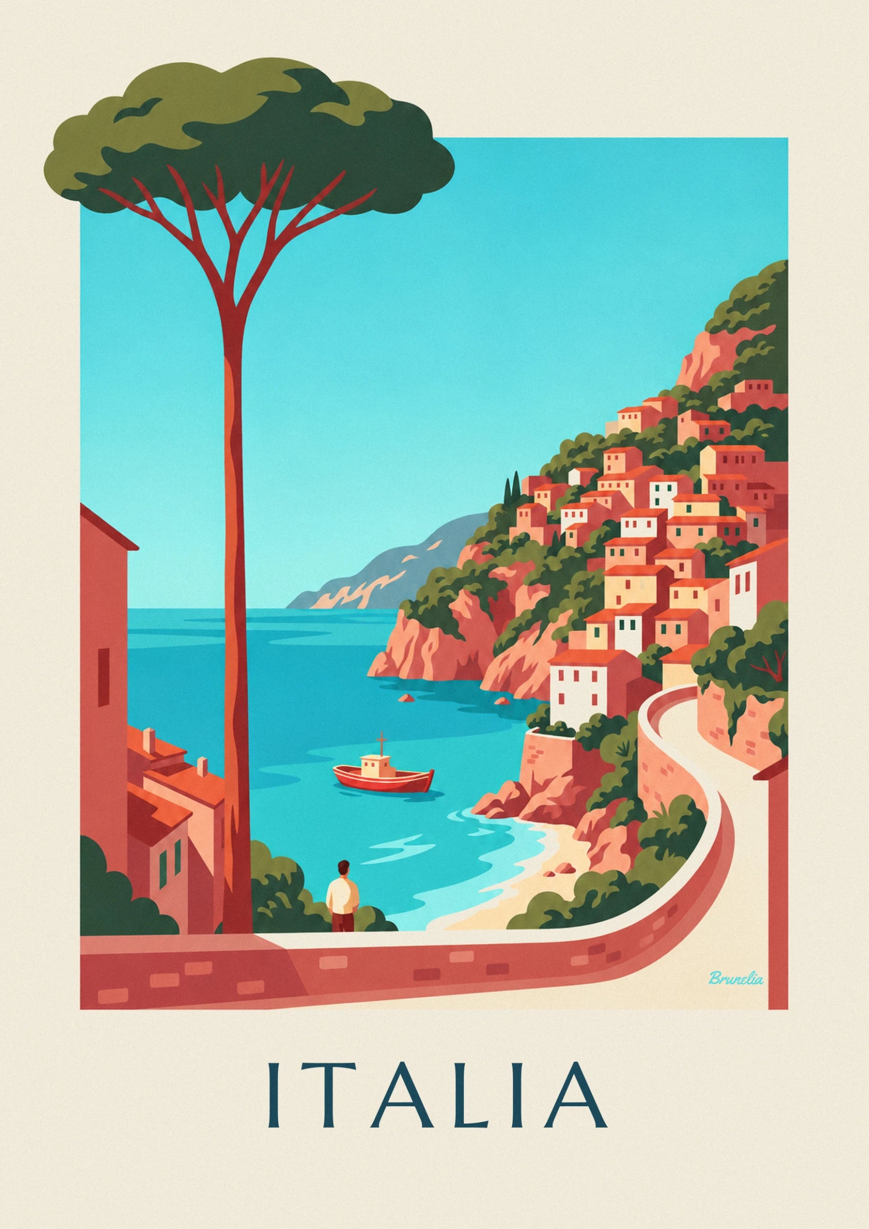 Les maisons ocre, rose et crème empilées sur la falaise, entre les pins verts