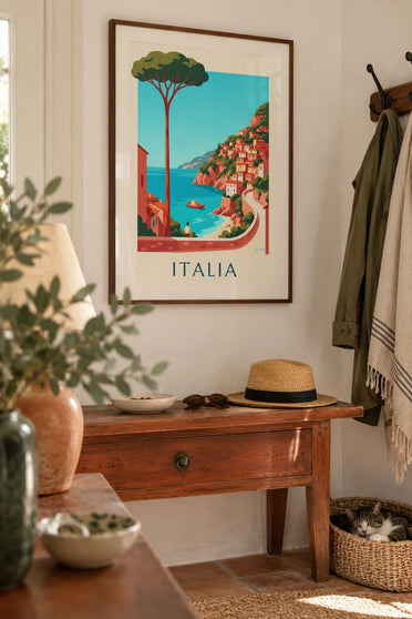 Affiche côte italienne, villages pastel sur les falaises : encadrée au mur