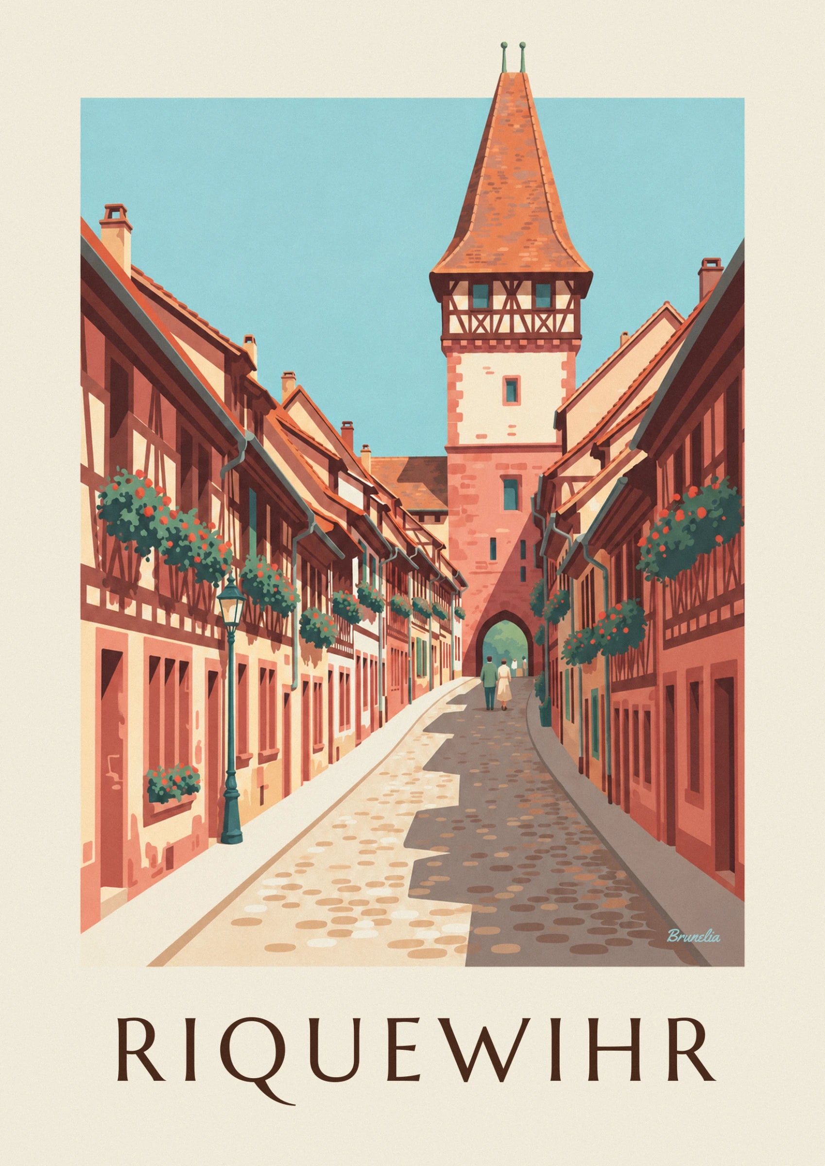 The half-timbered tower with its pointed orange-tiled roof, beneath a pale blue sky