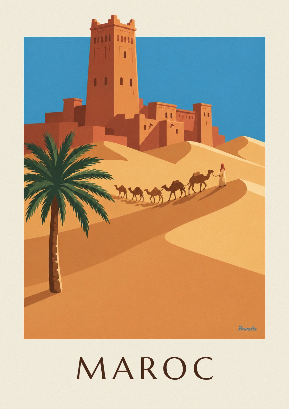 Affiche casbah et caravane de chameaux dans le désert marocain
