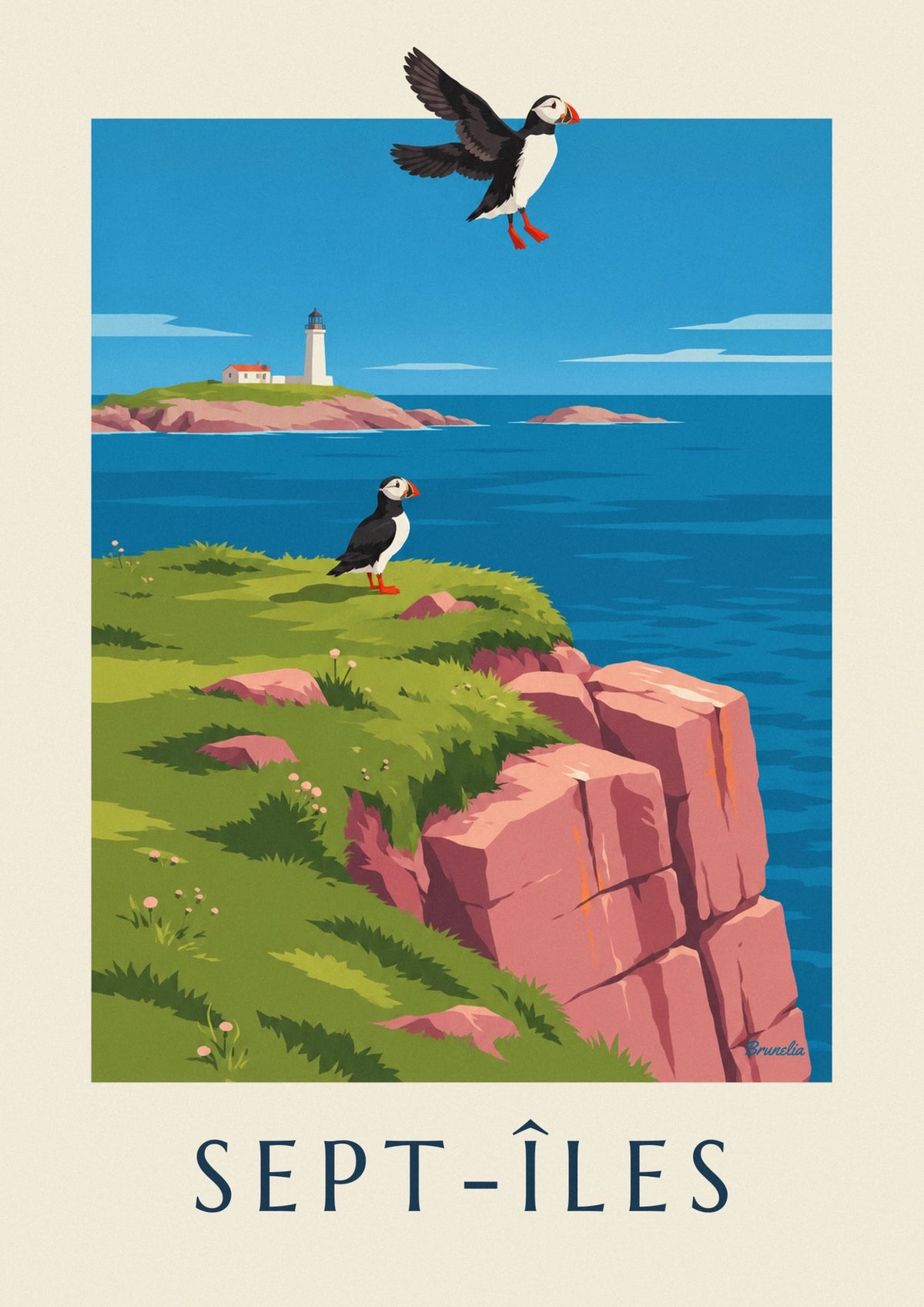 Affiche macareux sur les falaises des Sept-Îles
