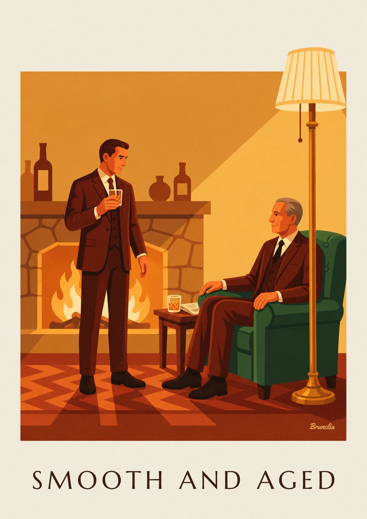 Affiche whisky, homme en costume près de la cheminée