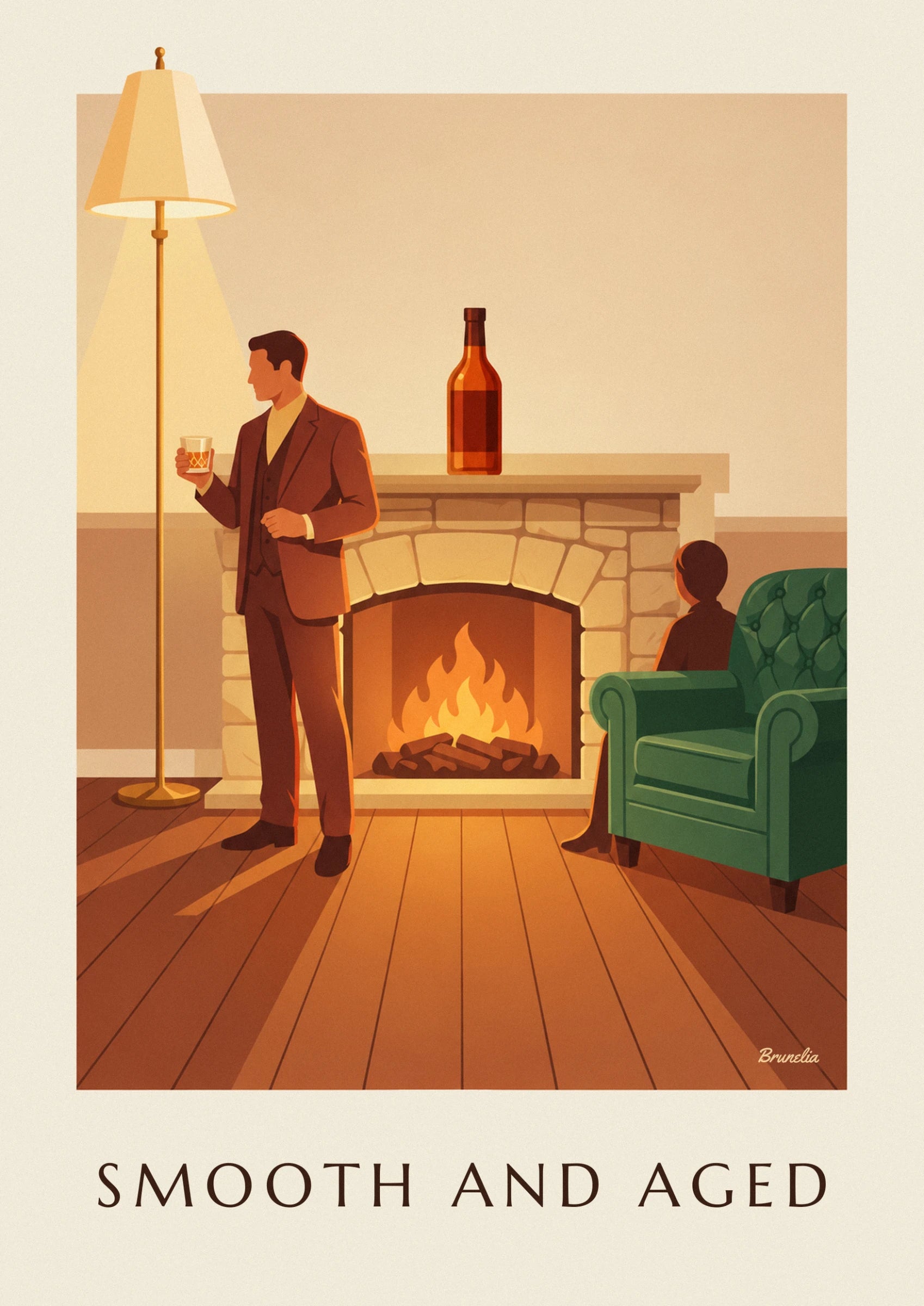 L'homme en costume 3 pièces brun, un verre de whisky à la main, devant la cheminée en pierre
