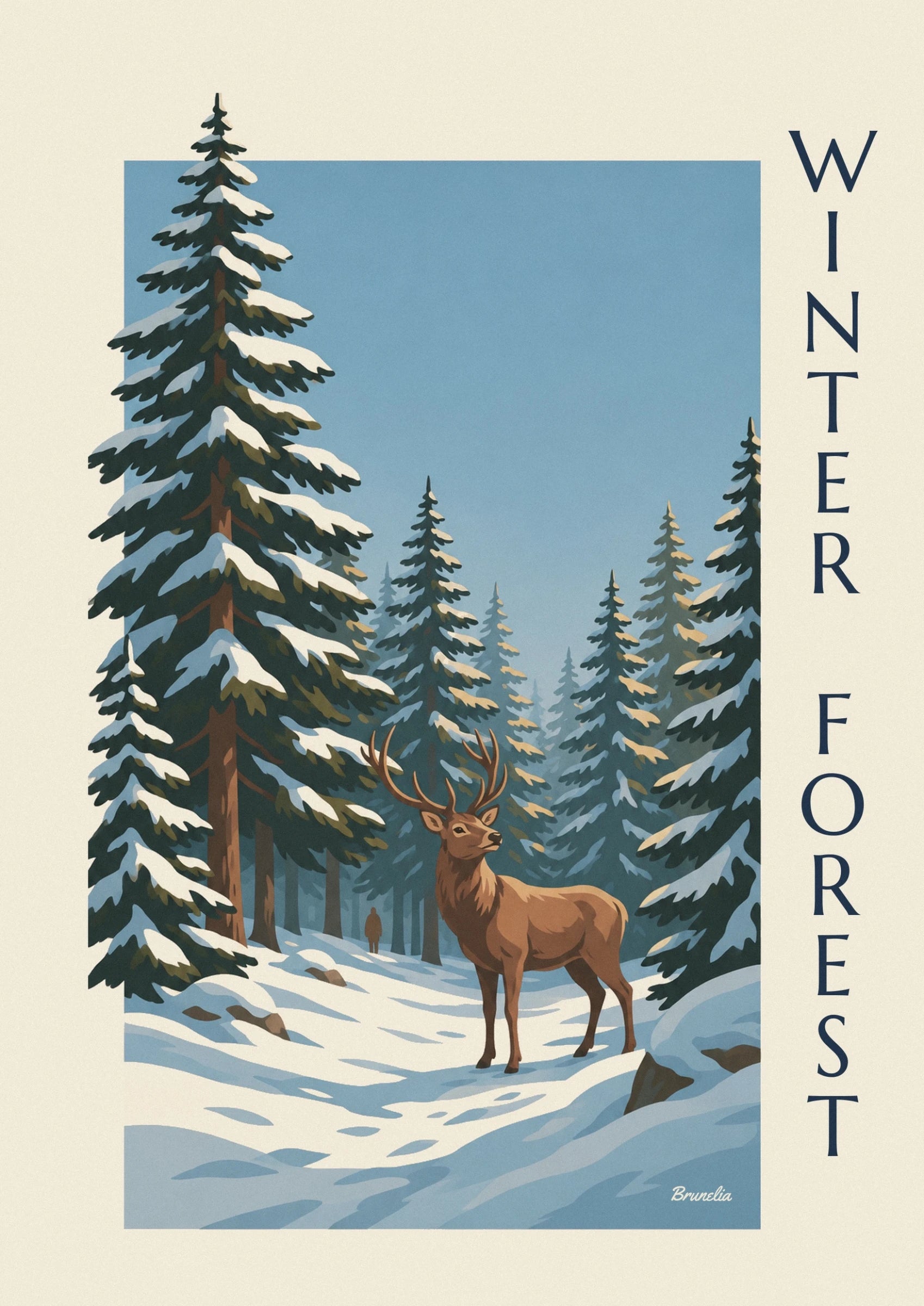 The brown stag with large antlers among the snow-covered fir trees